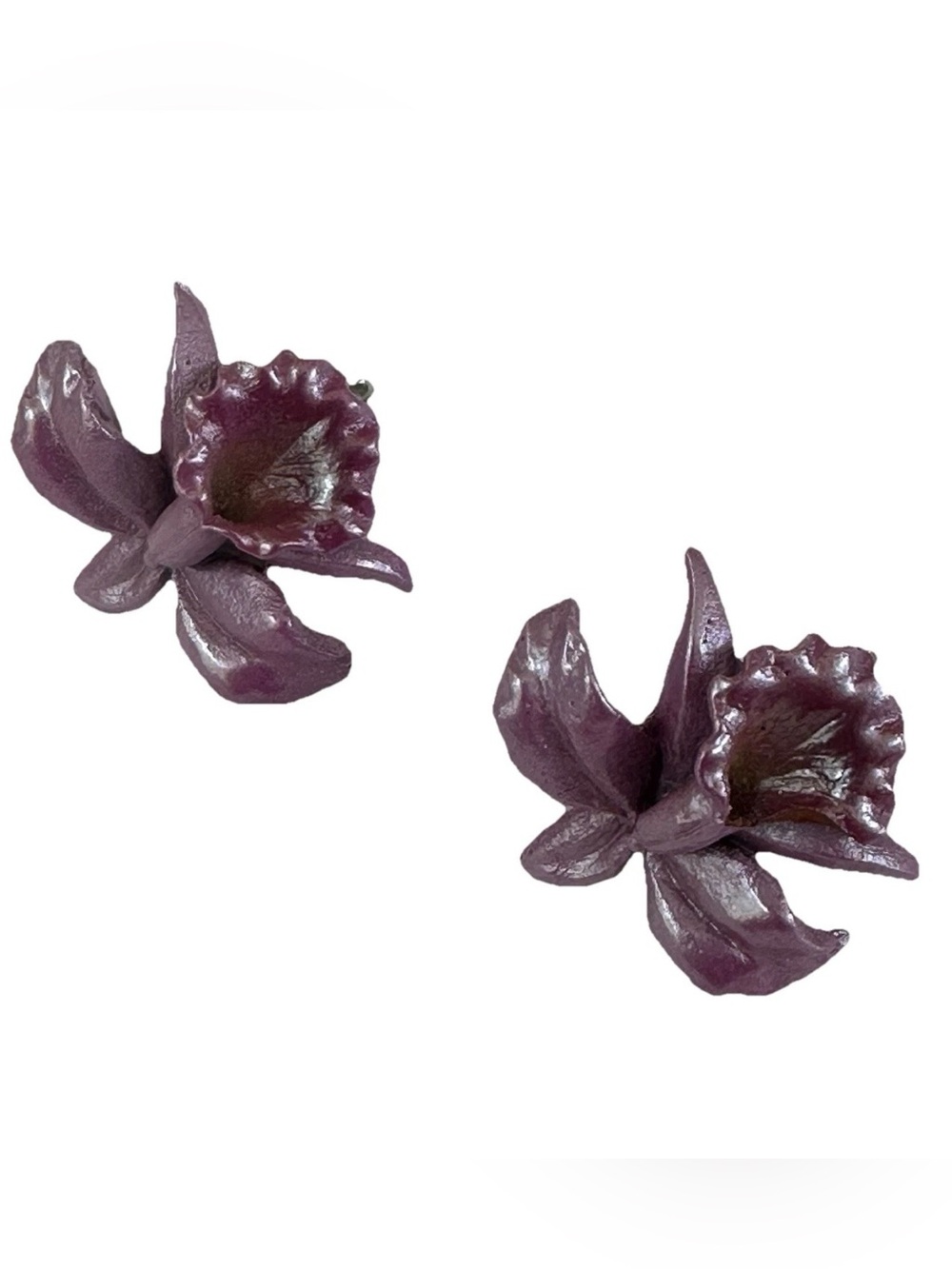VTG 50s Lucite Orchid Screw-Back Earrings Mid-Century Pearlescent Lavender